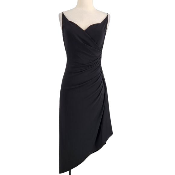 Laundry Black Asymmetrical Faux Wrap Ruched Party Dress Sleek Curve Hugging 4 - Picture 1 of 7